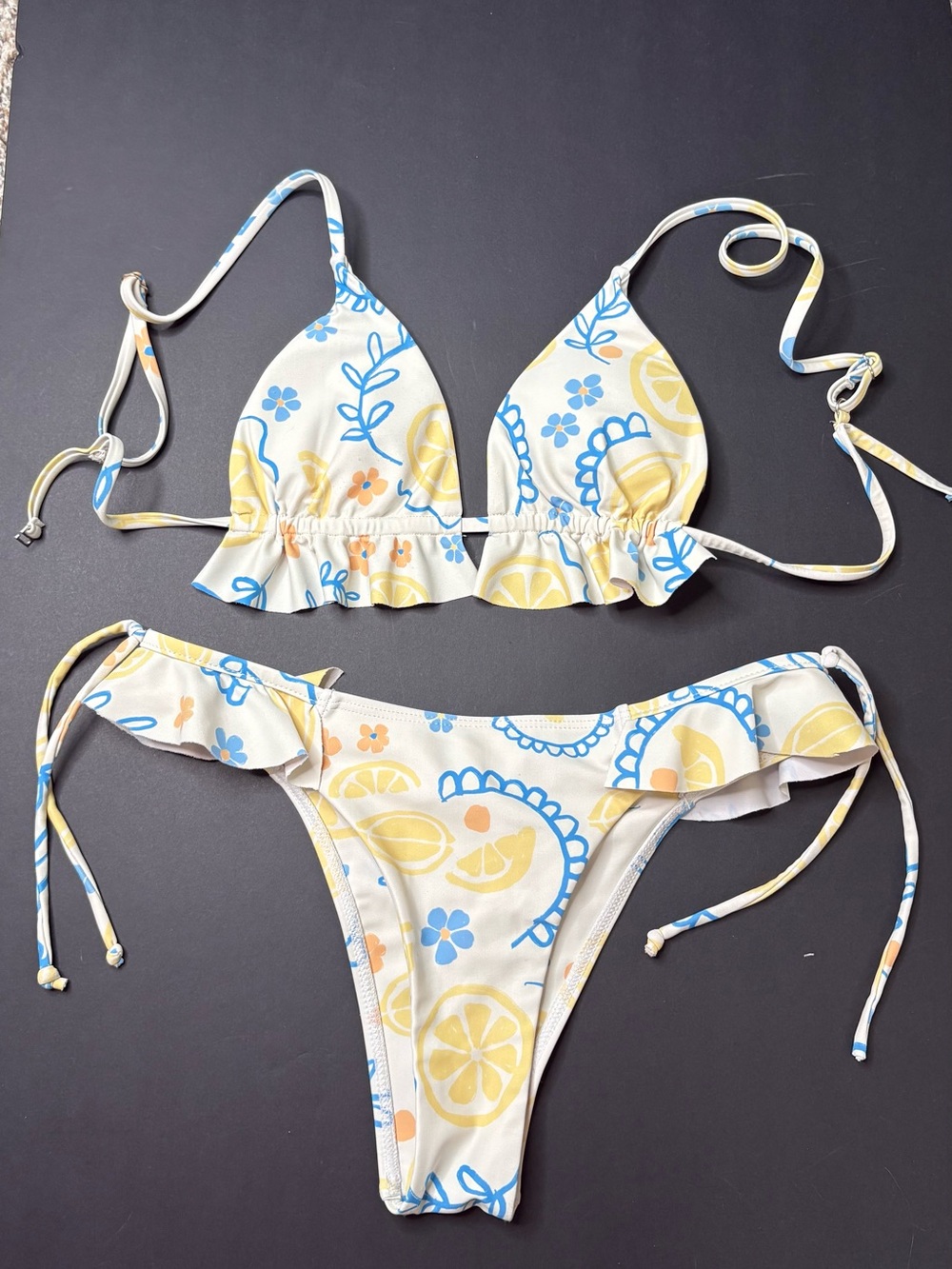 Aurelle Ruffled Lemon Print Triangle Bikini Set - Yellow & Blue